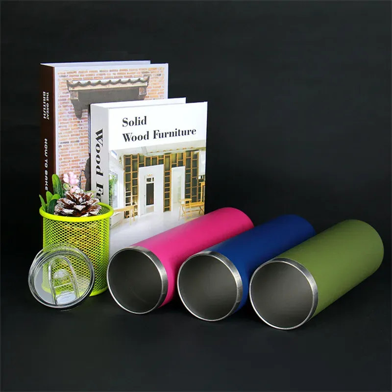 20oz Powder Coated STRAIGHT Tumbler Stainless Steel Tumbler slim Tumbler Vacuum Insulated Beer Coffee Mugs with Lid 