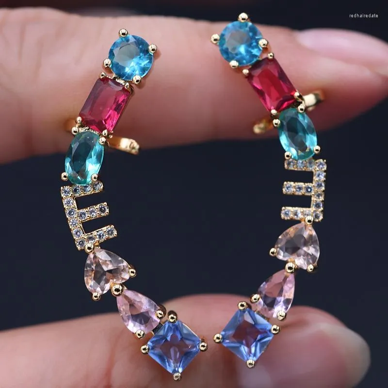 Boucles d'oreilles à tige multicolore lettre avec zircone cristal clair verre oreille manchette clip-on femme géométrique pour femme bijoux