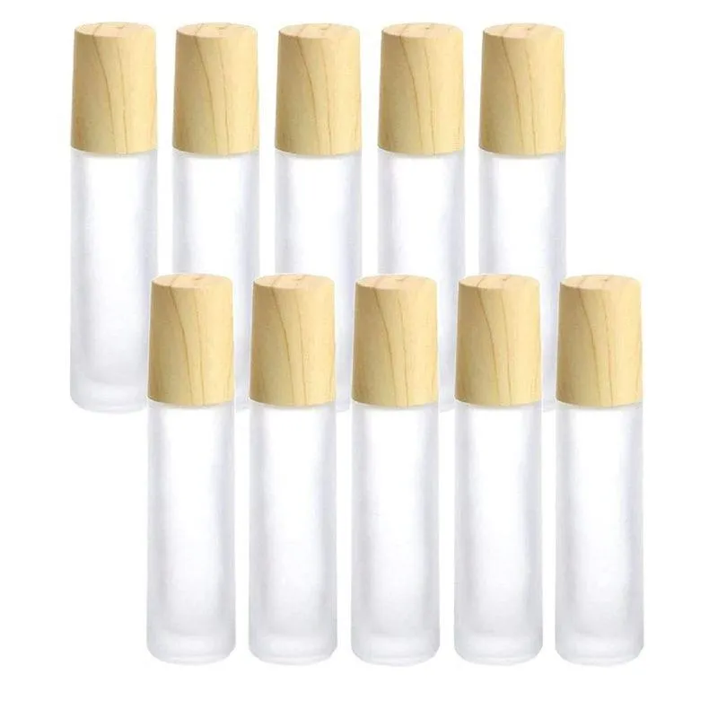 5 ml 10 ml rouleau sur bouteille bouteilles à roulettes en verre transparent givré avec bouchon en plastique à grain de bois pour huile essentielle Jubgf