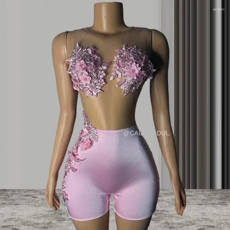 Partykleider Rosa Afrikanischer Bodysuit Cocktail 3D Blumen Sheer Mesh Schwarzes Mädchen Mini Abend Geburtstagskleid 2024 Outift