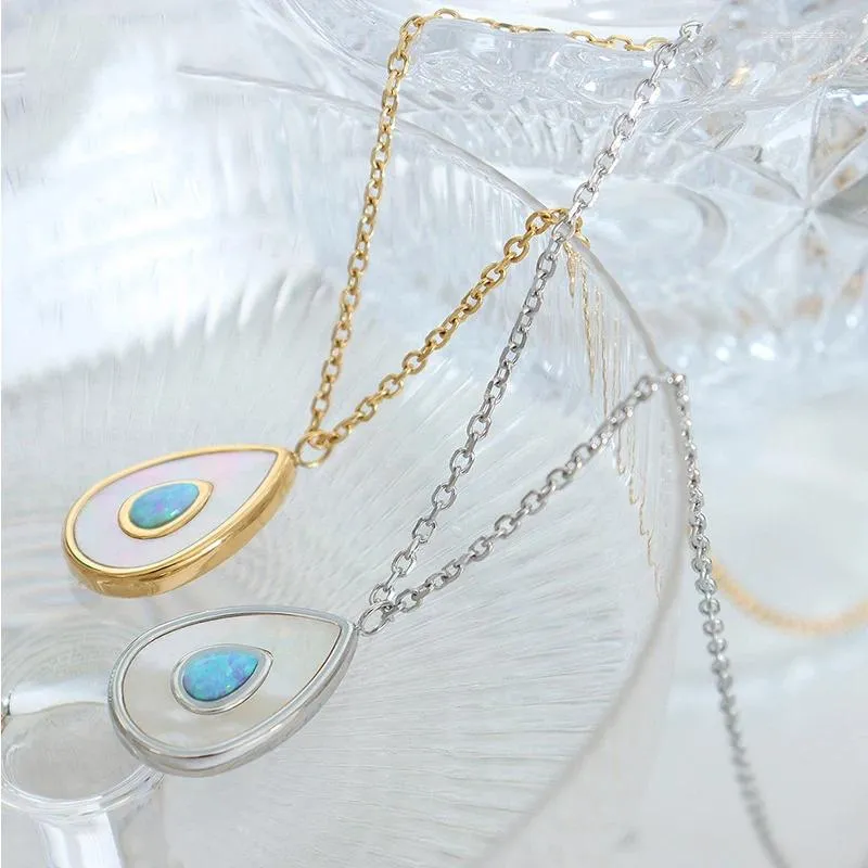 Hanger Kettingen Ins Mode Roestvrij Stalen Ketting Sieraden Waterdrop Lichtblauw Opaal Shell Voor Vrouwen Meisjes