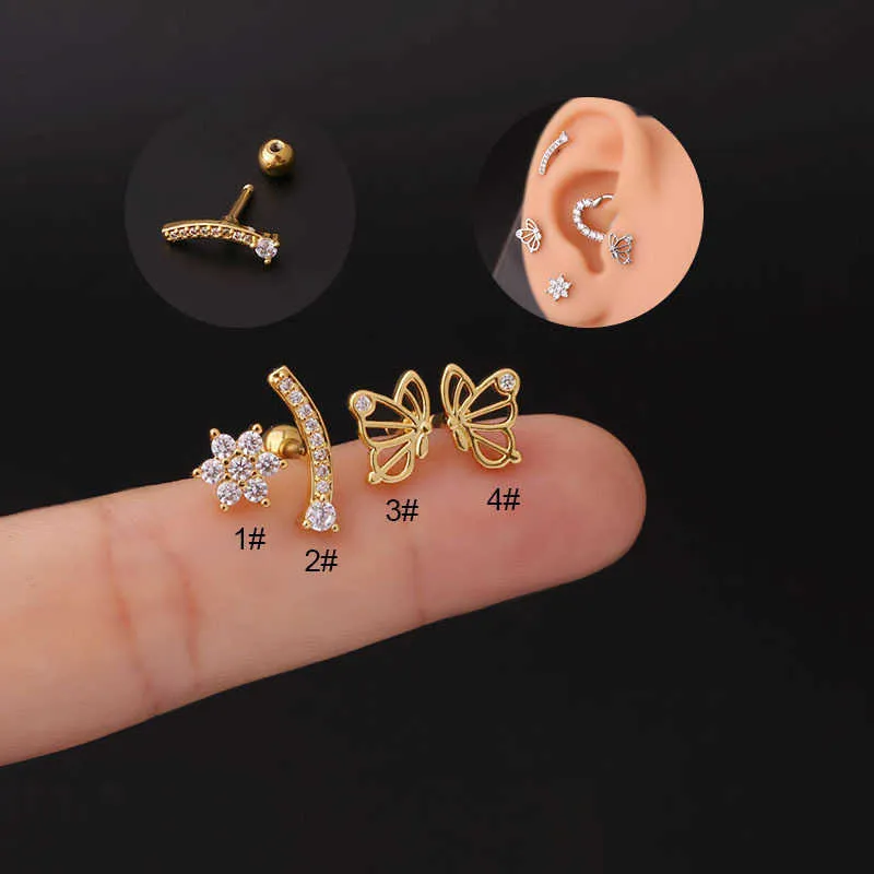 Henson Acciaio Inossidabile Spessore Asta Orecchio Chiodo Orecchini a Bottone Fiore Hollow Farfalla Cubic Zirconia Earbone Studs Moda Puntura Orecchino Singolo Regalo di Gioielli in Oro 14k