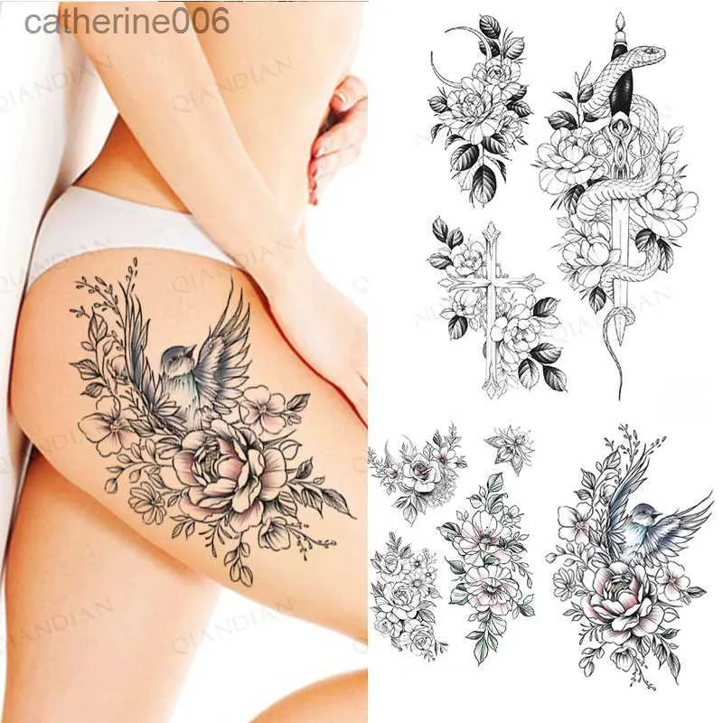 Tattoos Colored Drawing Stickers Black Flower Rose Waterproof Temporary Bird Snake Sexy Body Arm Leg Gem Henna Tattoo Fashion Big Fake Sleeve StickerL231128