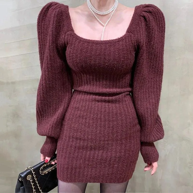 Sıradan Elbiseler Kore Kış Sıcak Kirkover 2023 Örme Puflu Sweater Elbise Kadın Jumper Kadın Katı Kalın Bodycon