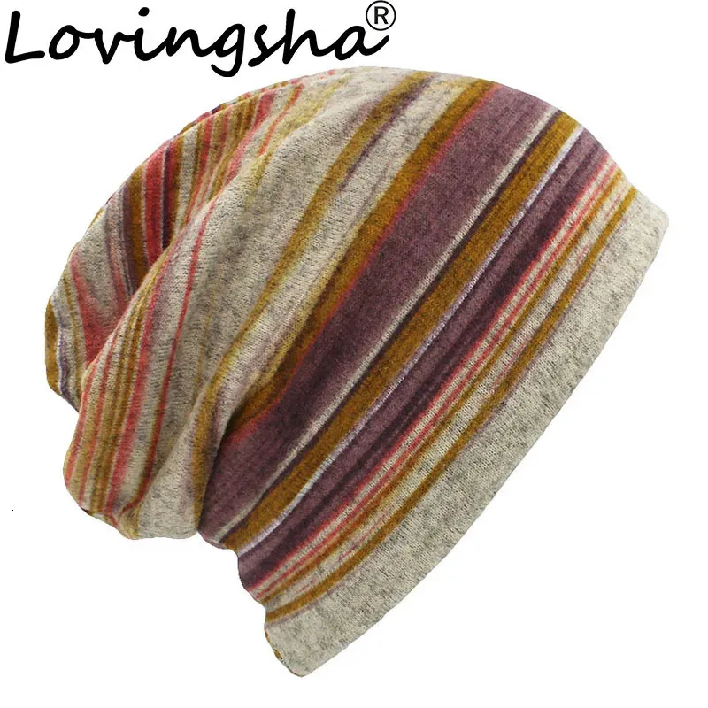 BeanieSkull Caps LOVINGSHA Autumn Winter Thin Women Skullies Beanies Striped Design Hats For Men Fashion Feminino Multifunction Scarf HT109 231128