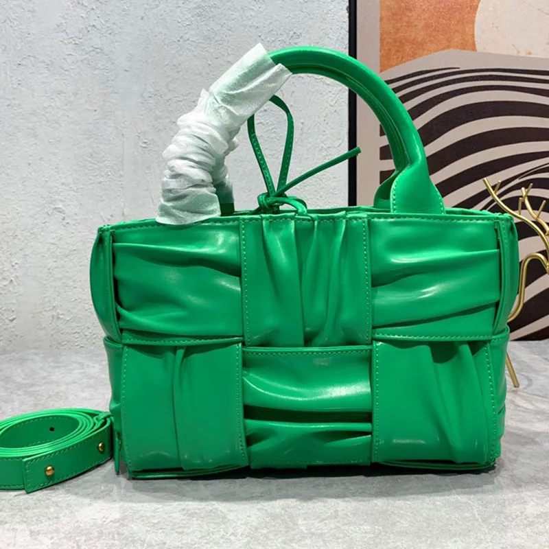 Cross Body Bags Woven Shopping Bag Tote Handbags Crochet Pleated Leather Shoulder Backpack Genuine Leather Green Ladies Large Capacity Detachable Strap