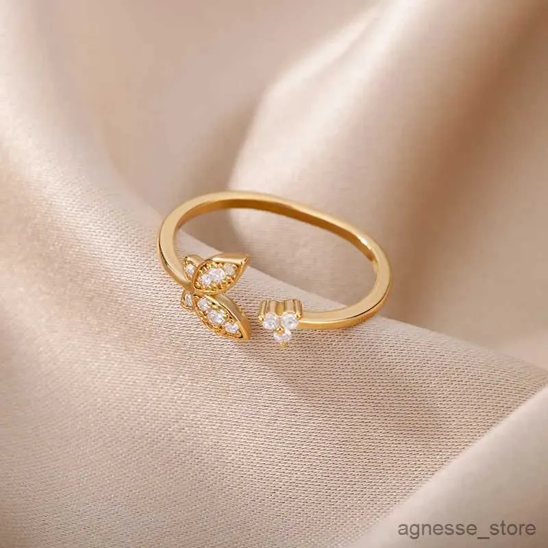 Wedding Rings Zircon Butterfly Rings for Women Open Adjustable Stainless Steel Gold Color Finger Ring Trend Wedding Band Couple Jewelry R231128