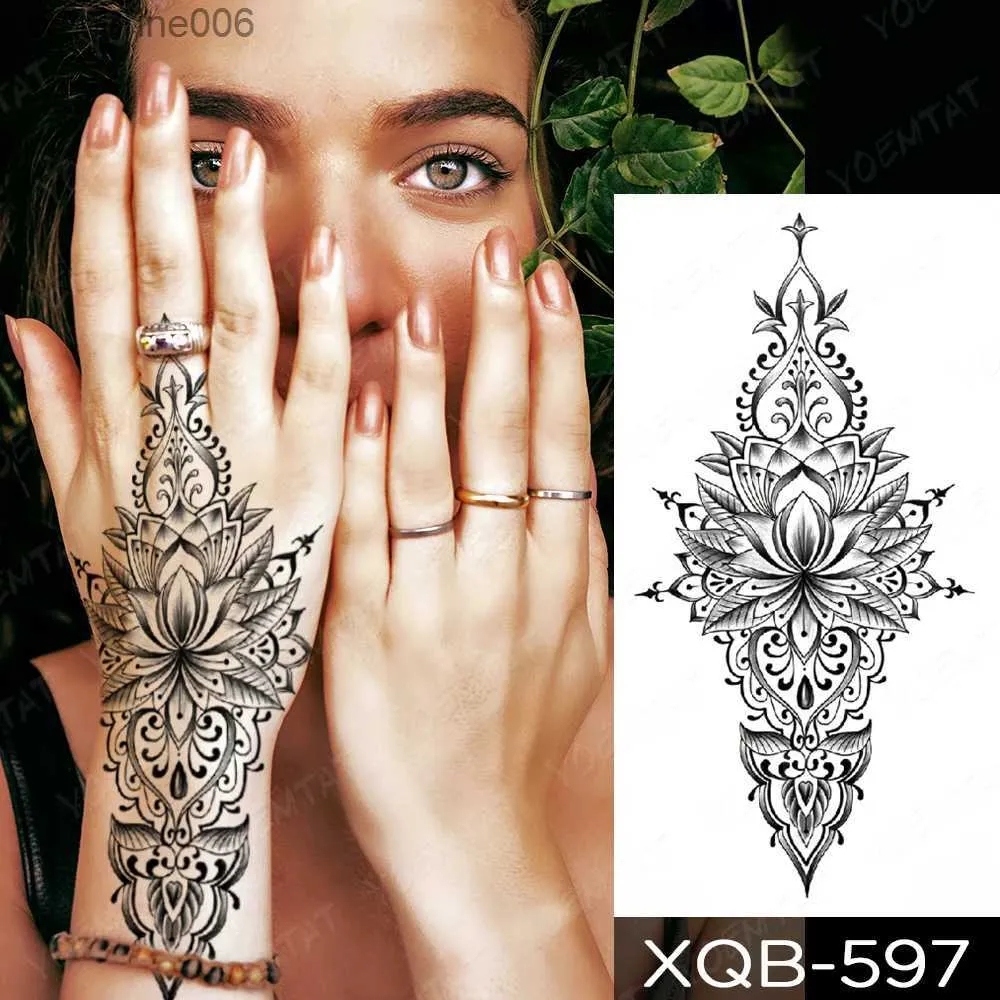 Tatoeages Gekleurde Tekening Stickers Henna Hand Getrokken Totem Transfer Waterdichte Tijdelijke Tattoo Sticker Vrouwen Mannen Mandala Mehndi Lotus Kant Lijn Body Art Fake TattoL2