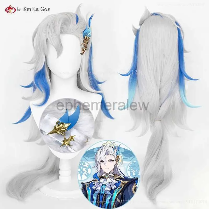 Anime kostymer genshin påverkar fontaine neuvillette peruk cosplay anime peruk 95 cm lång silvergrå blå peruk värmebeständig syntetisk hår + peruk cap zln231128