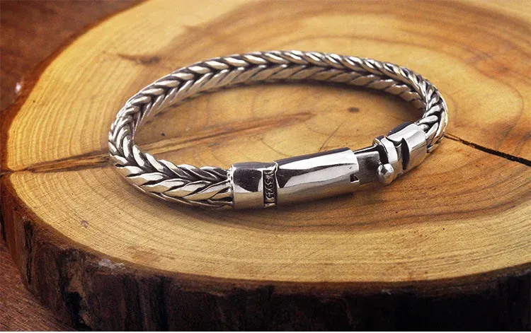 Hand Woven S925 Silver Mens Chain Bracelet - Vintage Keel Bangle