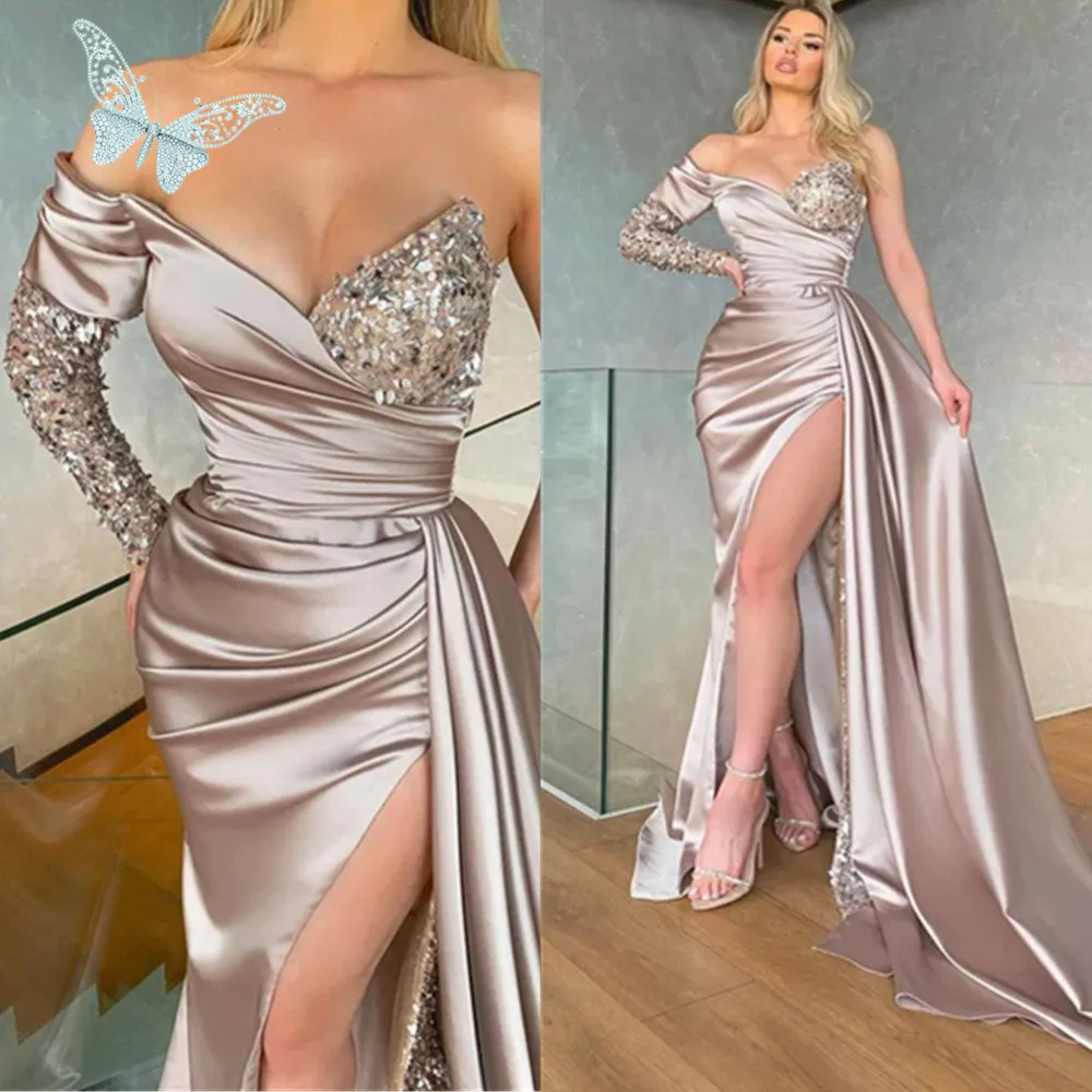 2024 Robe De Soiree One Shoulder Prom Dresses Custom Long Sleeve Mermaid Side Split Formal Dubai Middle East Evening Party Gown