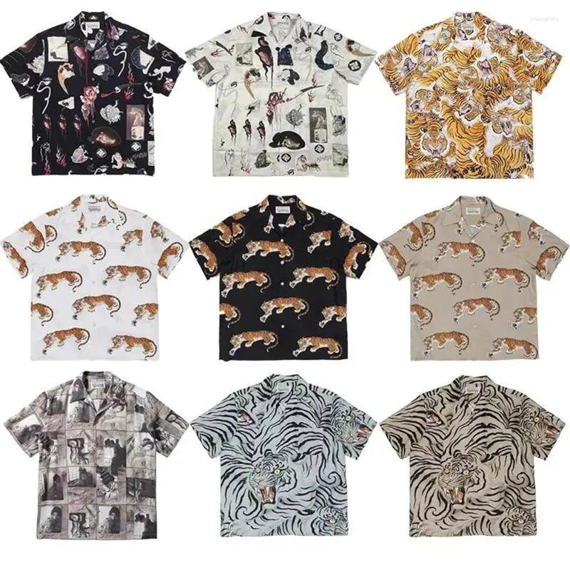 Mäns casual skjortor japanska retro gata kortärmad skjorta sommar man y2k tiger spöke natt tryck t-shirt hiphop toppkläder