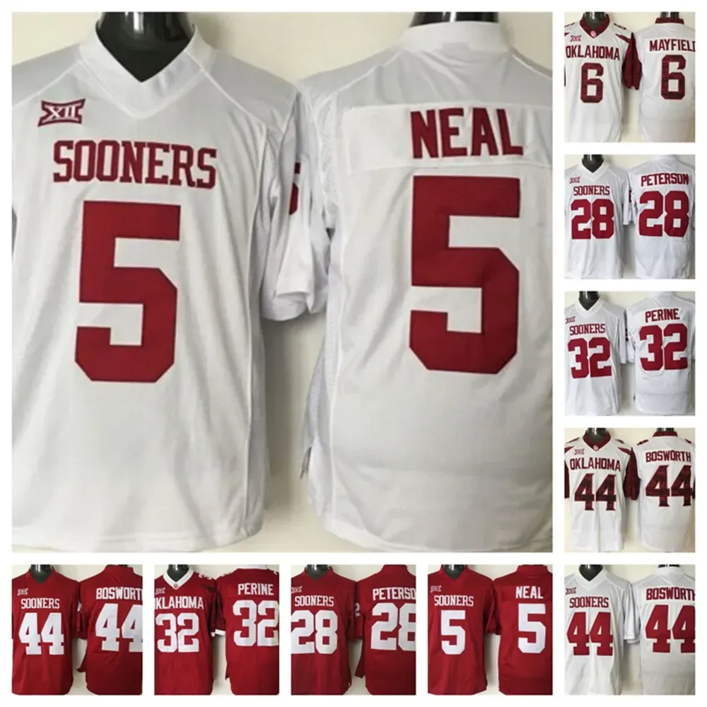 Sooners Oklahoma Football Jersey em estoque 5 Durron Neal 6 Baker Mayfield 28 Adrian Peterson 32 Samaje Perine 44 Brian Bosworth Stitched Jers High