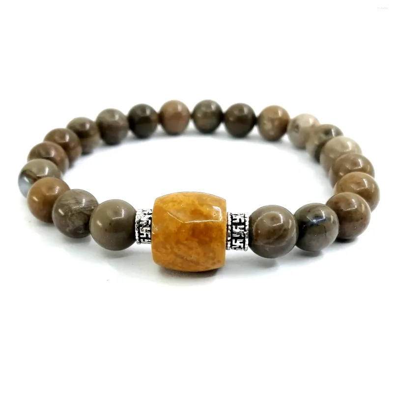 Strand 1 Pc Trendy Agate And Tian Huang Stone Bead Bracelet - 8mm Rounds 11x12 Drum Beads 19.5cm Elastic