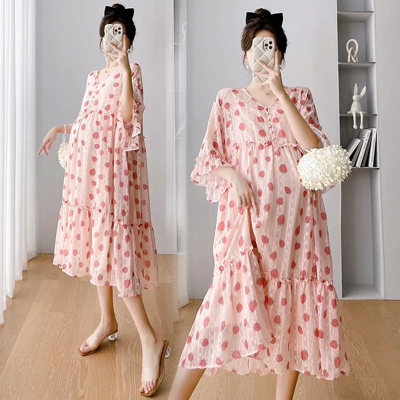 Robes de maternité 2307 # été arrivée mode imprimé fleuri en mousseline de soie robe de maternité doux vêtements amples pour les femmes enceintes grossesse allaitement 230428