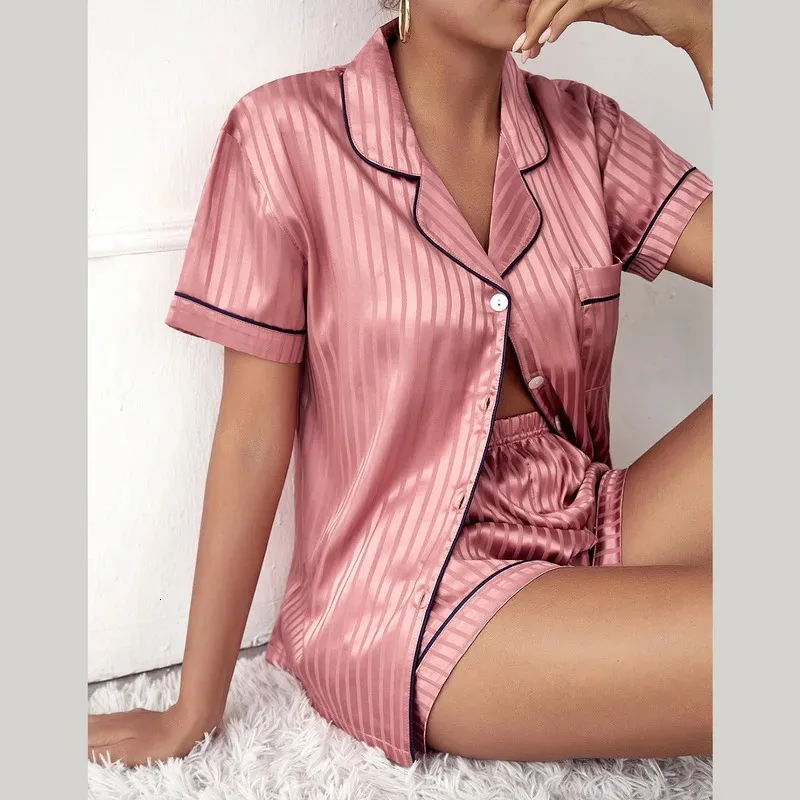 Sexig pyjamas kvinnors pyjamas sommarpyjama set lapel krage konstgjorda siden satin kortärmad topp+shorts kvinnors pajamas 231128