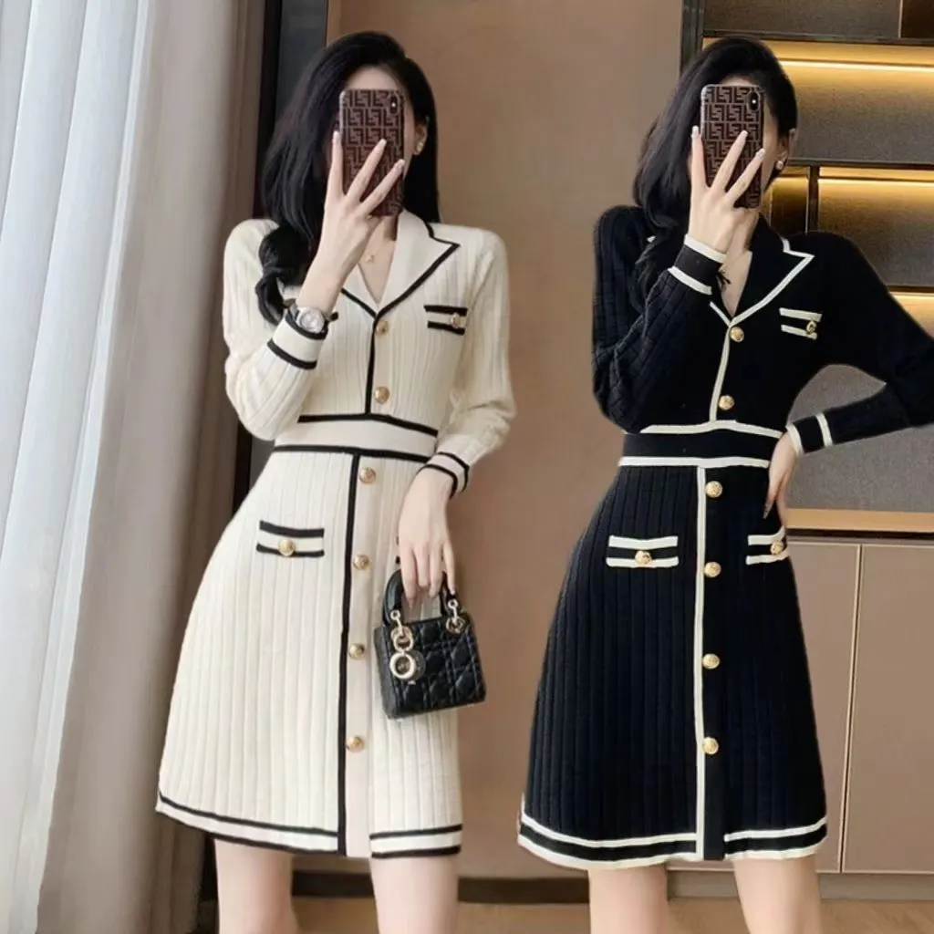 Designer 2023 Autumn/Winter New Women's Long sleeved Small stature Fragrant Knitted Dress Women's Slimming High end Woolen Dress