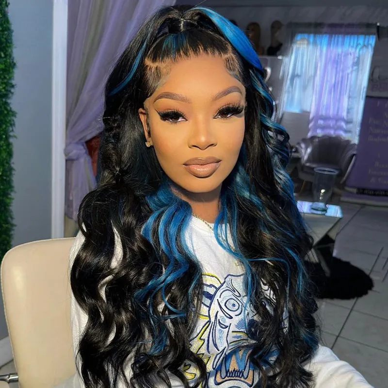 13X4 Lace Front Blauw Hoogtepunt Zwarte Pruiken Transparant Kant Frontale Pruik Braziliaanse Simulatie Menselijk Haar Body Wave Pruik Voor Vrouwen