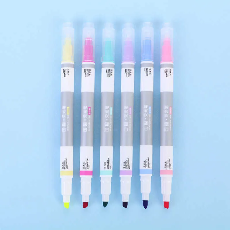 12pcswaterColor Brush Pens 6 ПК/Set Highlighters 6-Color Double-Hear Erasable Marker Marker для студентов с большой емкостью цветом P230427