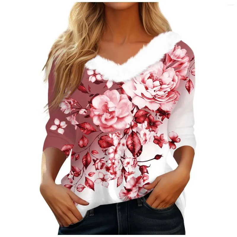 Dames T-shirts Dames T-shirt 2023 Lente Trend Sexy V-hals Print Elegant Bloem Thema Street chic 3/4 mouwen Tops Informeel Ruimvallend Dames