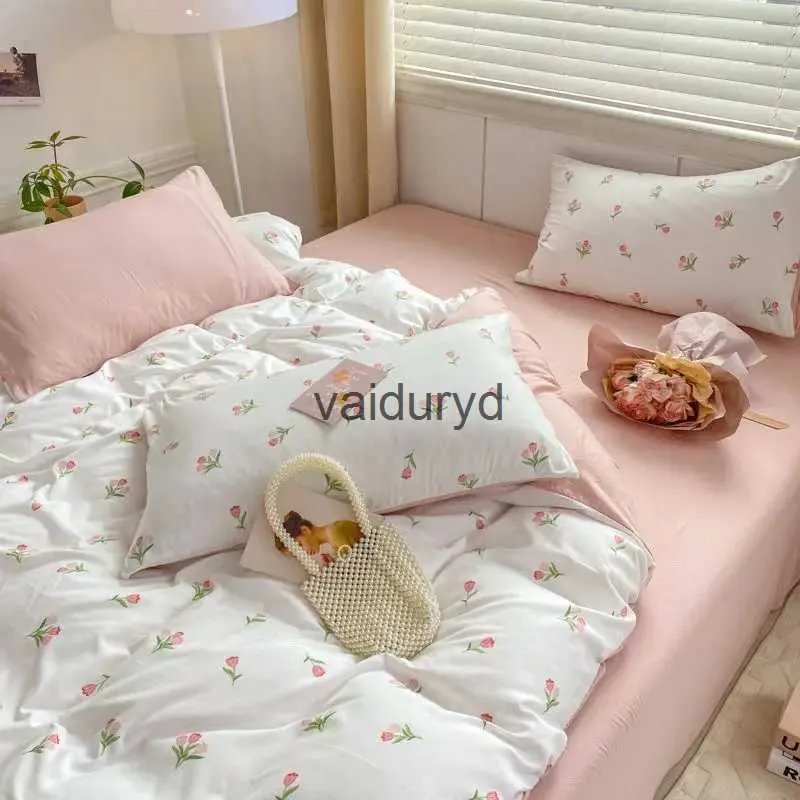 Sängkläder set romantisk tulpan rosa set säng platta ark fodral tvilling full drottning prinsessan stil linne barn flickor blommor täcke covervaiduryd