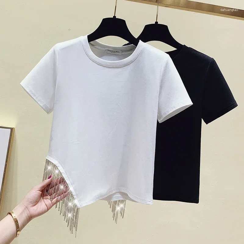 Kvinnors T-skjortor Crop Tops Cotton Tees TASSEL SHIRT Women kläder Vit kort ärm T-shirt Beading Summer Black Good Quality D225