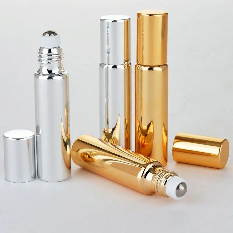 10ml shiny UV coating glass roll on perfume bottle, gold silver black essential oil vial With Stainless Steel Roller ball Nbfhe