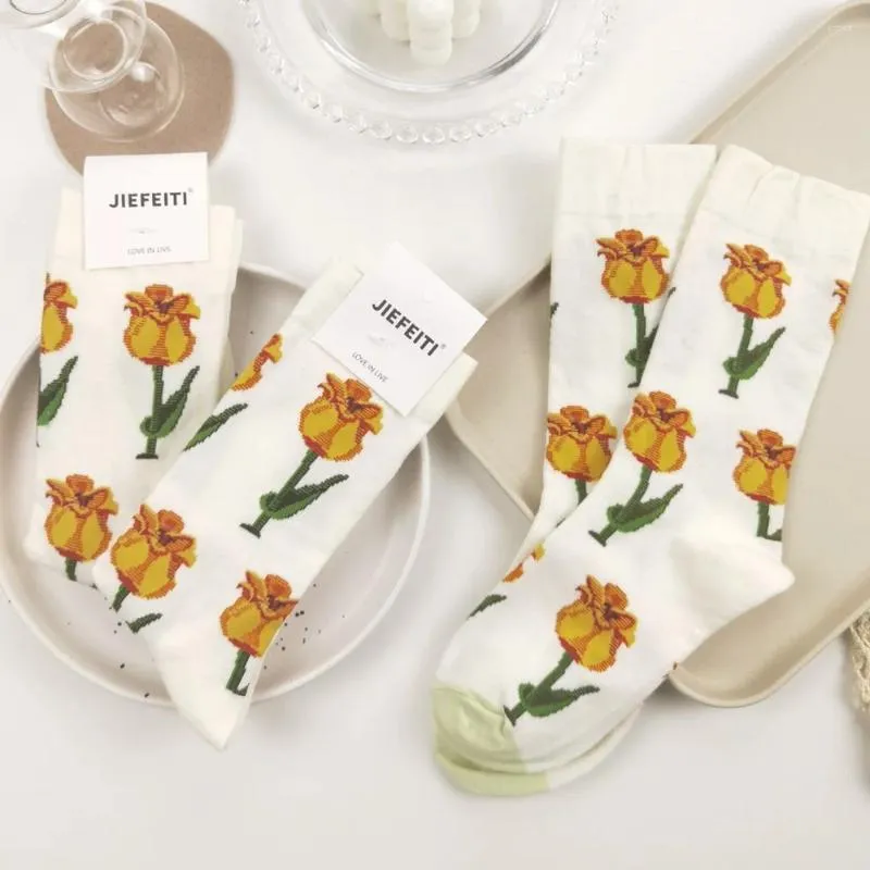 Women Socks Tulips Kawaii Cute White Female Funny Japanese Style Happy Fashion Woman Gyaru Y2k Harajuku Long Sweets Print Fun