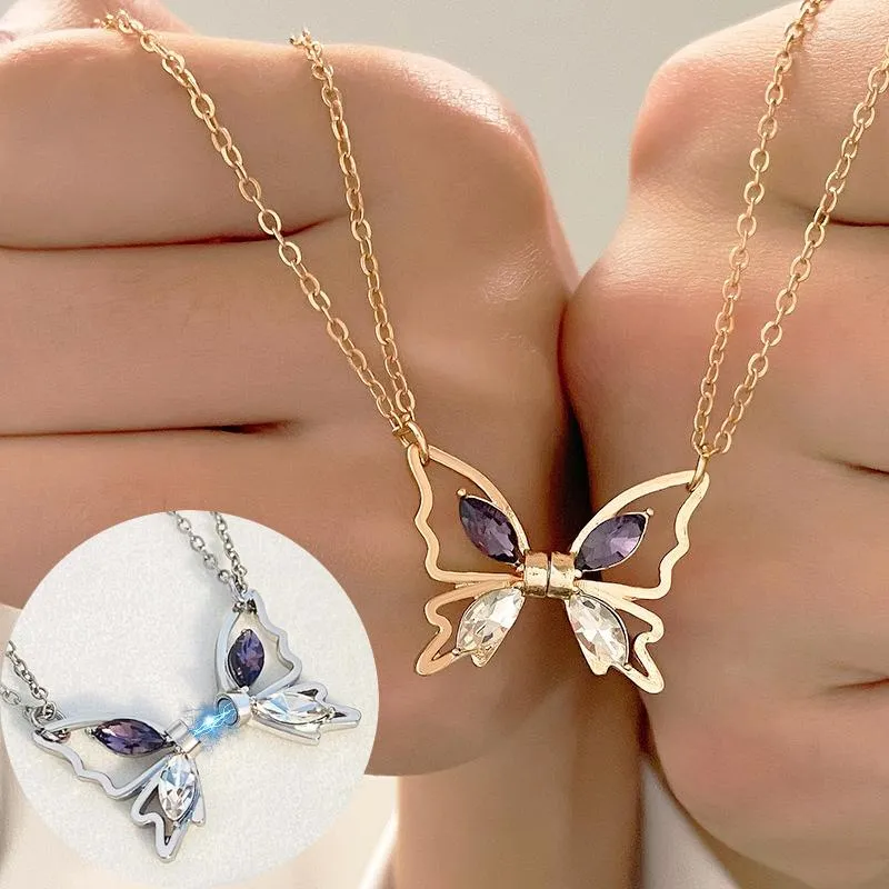 Dainty Magnetic Couple Butterfly Pendant Necklace With Crystal