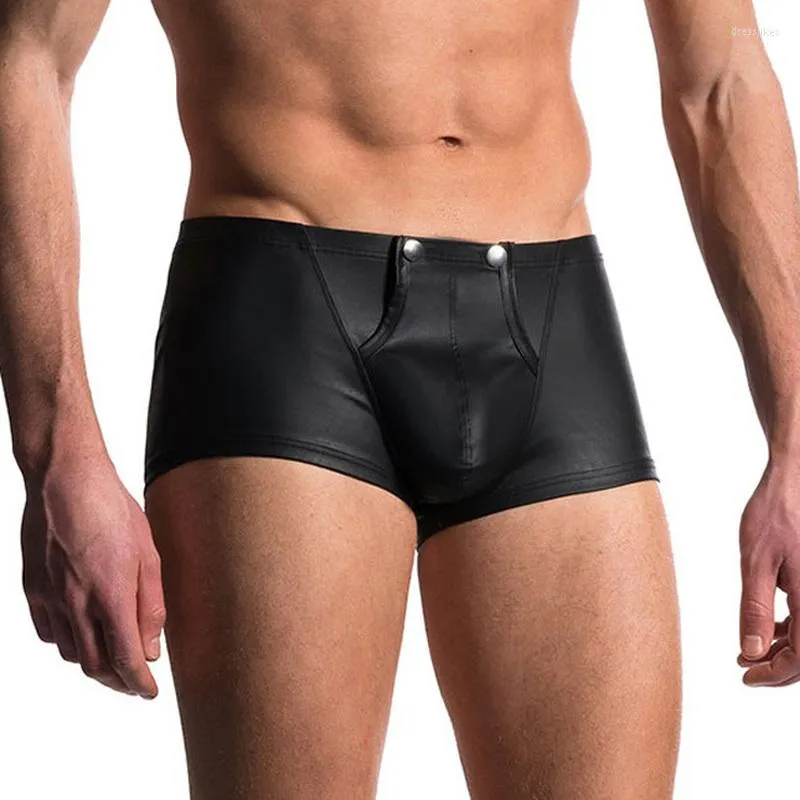 Underpants Casual Men Boxer Shorts Black PU Leather Underwear Soft Button Penis Pouch Gay Nightwear