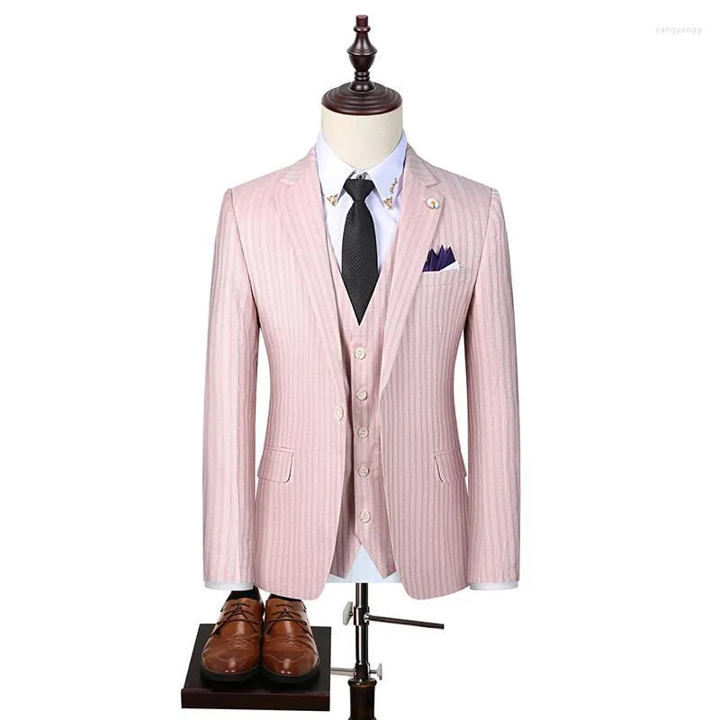 Men's Suits 3pcs Narrow Stripe Men Suit Design 2023 Yellow Pink Apricot Slim Moking Homme Mariage Mens Wedding Ternos Para Hombre
