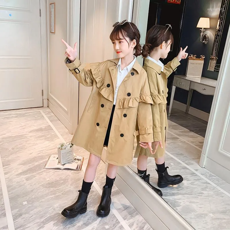 Manteau pour enfants Trench Coats Trench Coats Veste à poitrine à poitrine pour Kaki Ruffles Christmas Brillbreaker Spring Autumn TEENSWEAR