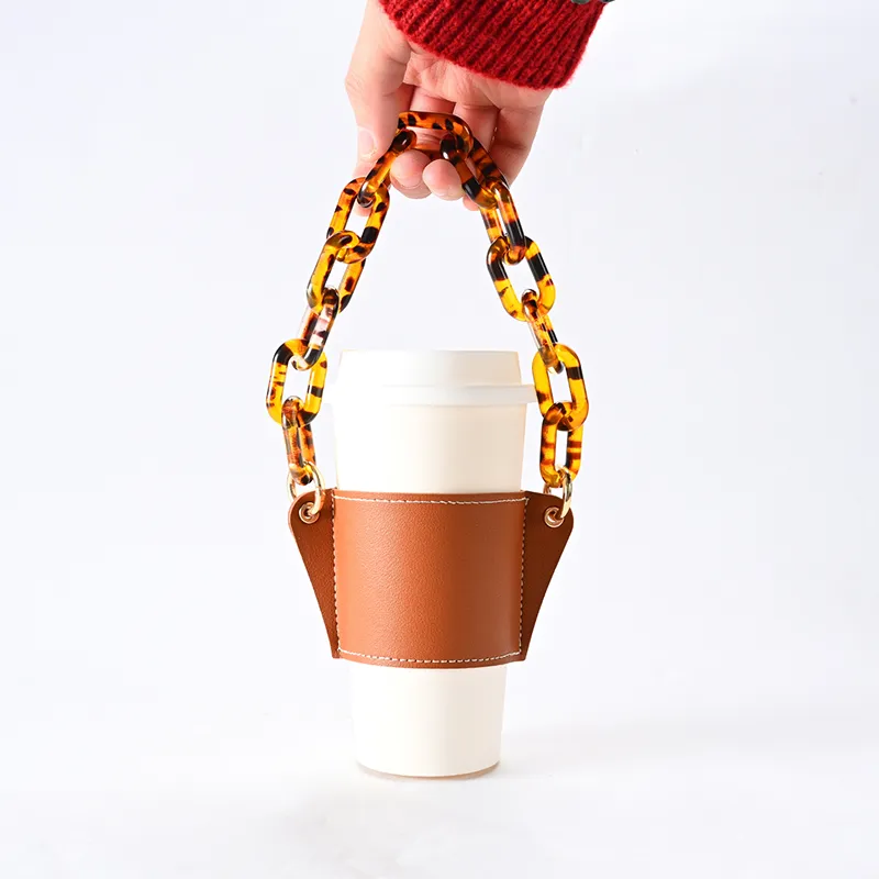 Acrylic Chain Portable Coffee Cup Cover Party Favor Removable Leather Milk Bottle Holder