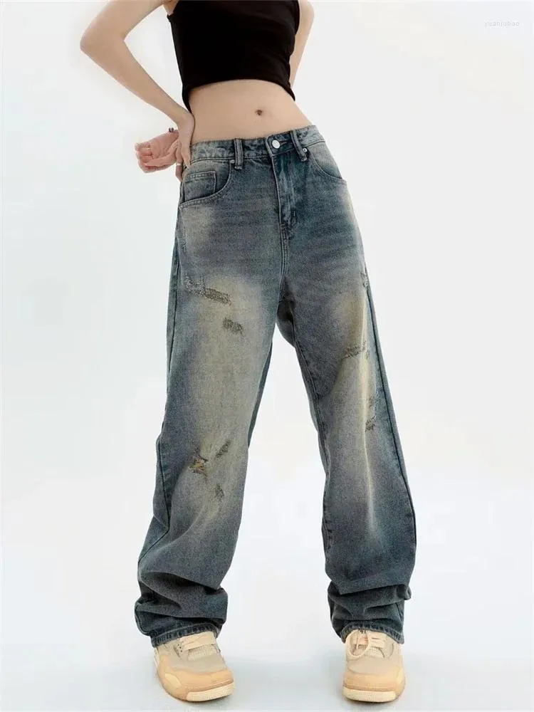 Женские джинсы со старым поцарапанным дизайном, унисекс, американские винтажные повседневные джинсовые брюки, женские свободные прямые брюки с высокой талией