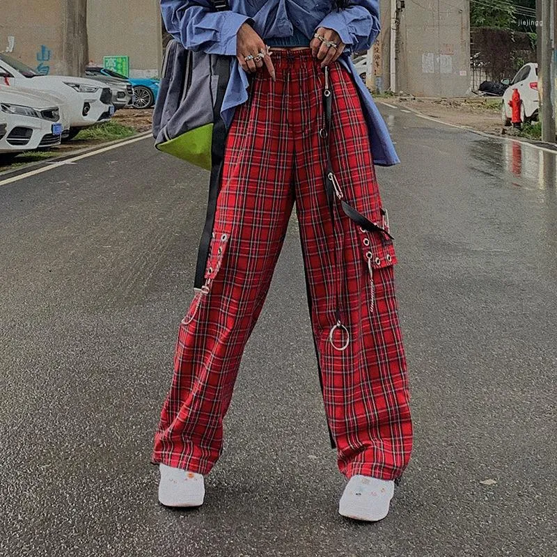 Women's Pants Punk Cargo Plaid Women Gothic Harajuku Red Checkered Wide Leg Trousers For Female Autumn Streetwear Hippie Fashion E Girl