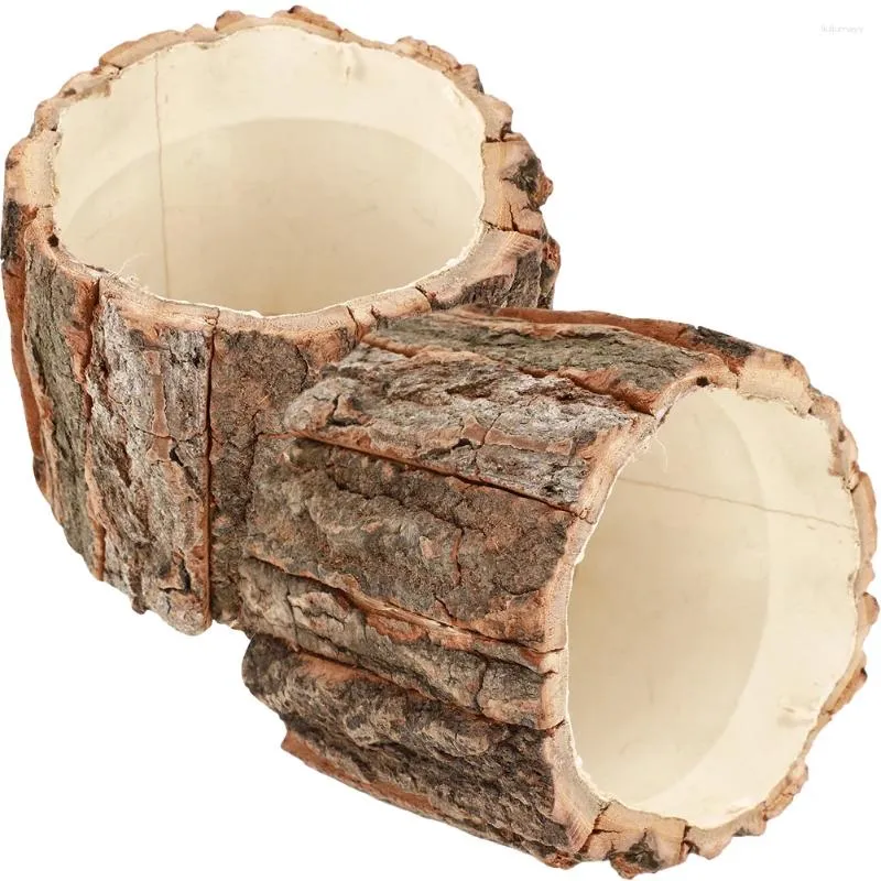 Vases 2 Pcs Tree Stump Bark Decor Rustic Plant Pots Wooden Bonsai Planter