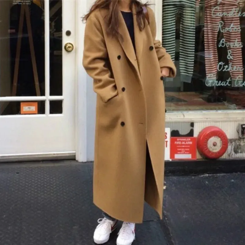 남자 양모 블렌드 한국 여성 겨울 롱 코트 재킷 암컷 모직 외투 코트 슬리브 더블 가슴 외부웨어웨어 231128