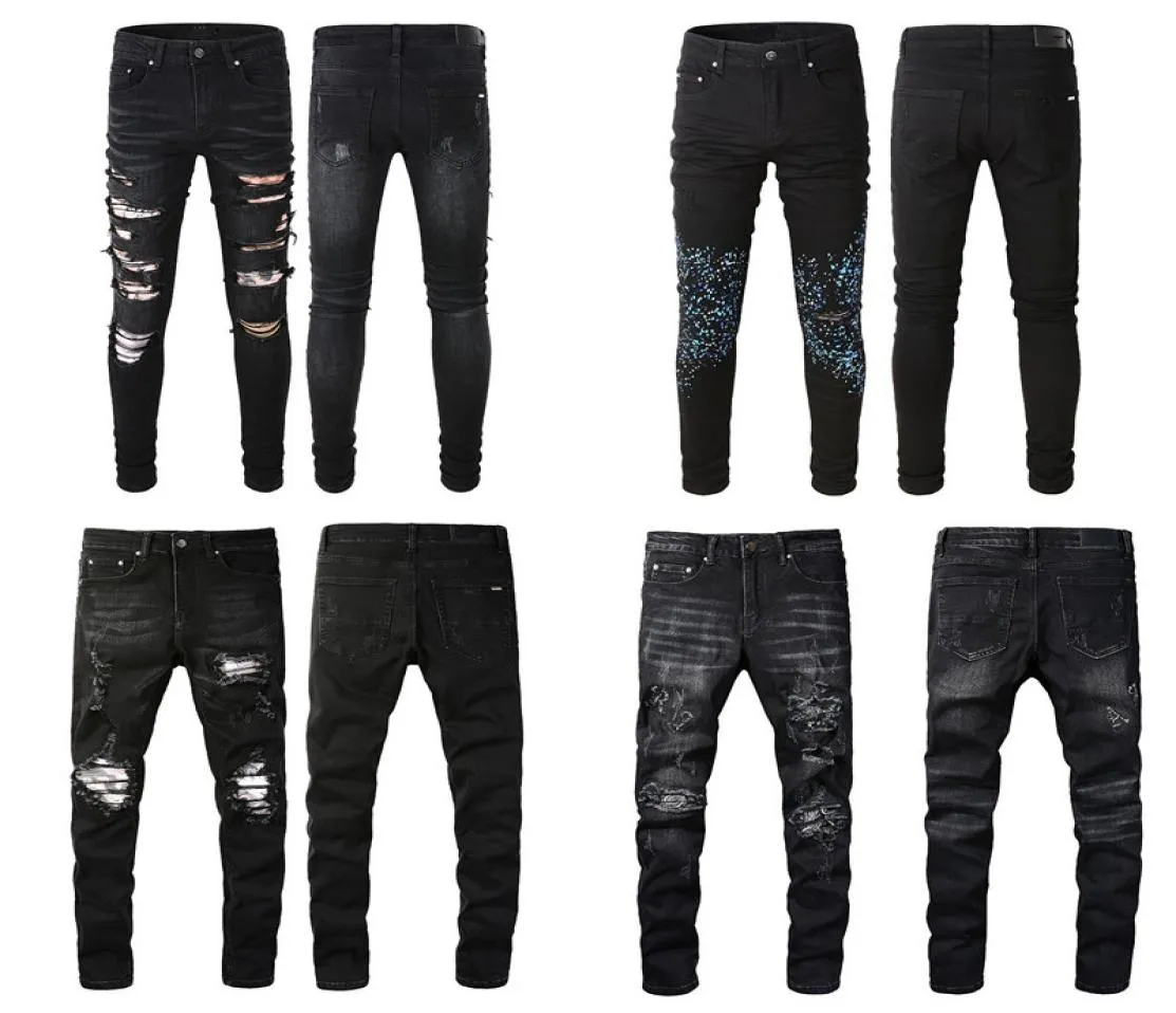 Preto rasgado designer jeans magros homens caber angustiado rasgado para homem rasgado calças danificadas retalhos longo zíper angústia destruído den3262854