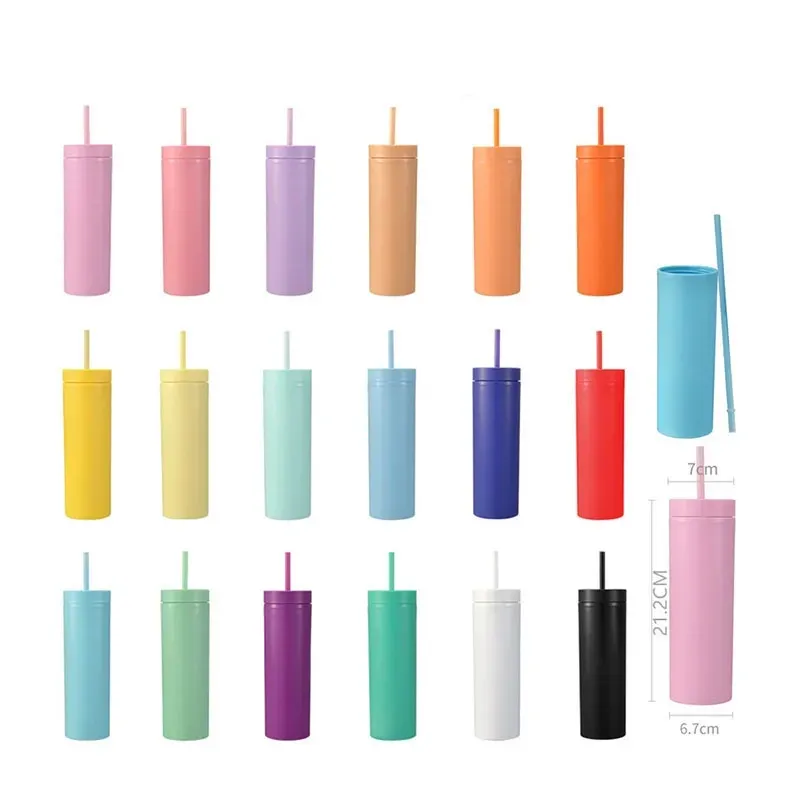16 أوقية أكريليك تومرز زجاجات مياه ملونة غير لامعة مع أغطية وقش مزدوج الجدار البلاستيك كوب القهوة كوب شرب مستقيم