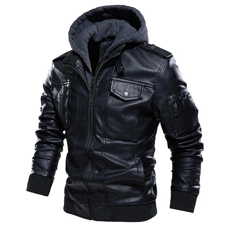 Vestes pour hommes Homme Hiver Épais Chaud Vintage Col À Capuchon Club Bomber Manteaux En Cuir Chaqueta Veste De Moto Hommes Casual PU 231128