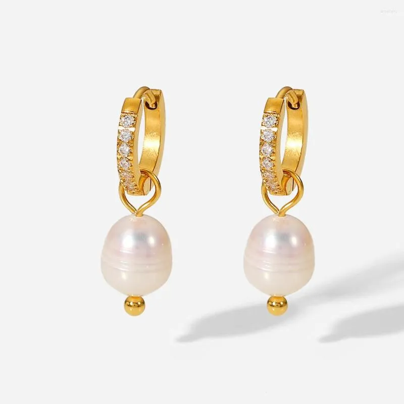 Hoop Earrings Tarnish Proof Jewelry 18K Gold Plated Stainless Steel Cubic Zirconia Natural Freshwater Fresh Water Pearl Huggies