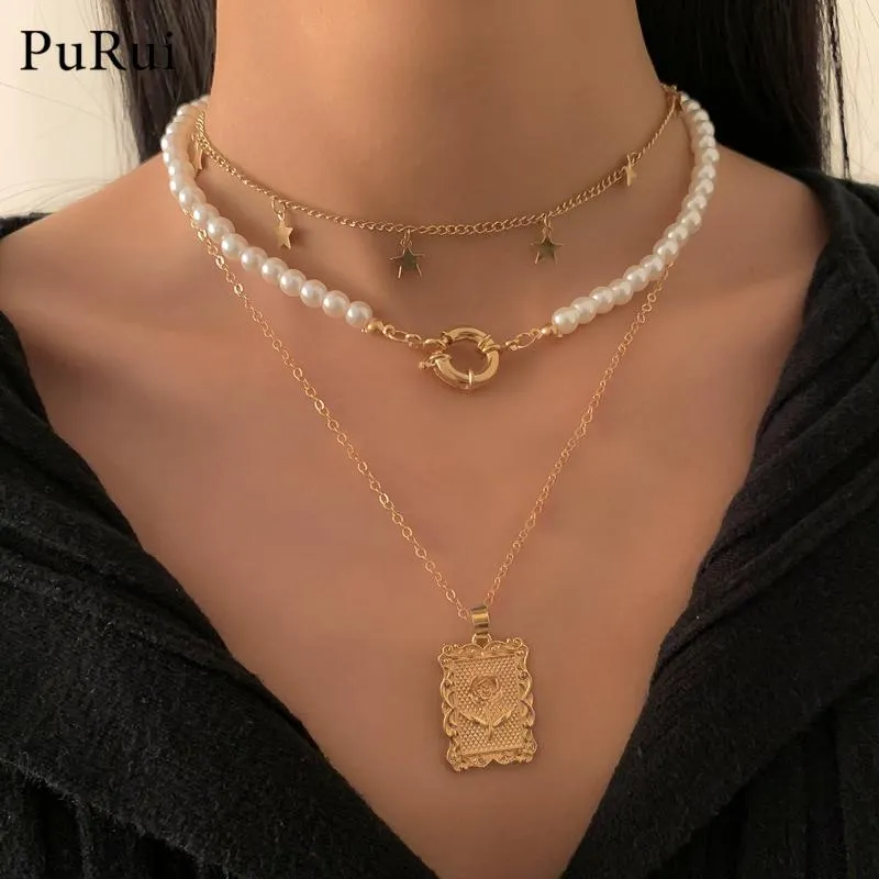 Pendant Necklaces Multilayered Geometric Rose Flower Carved Necklace For Women Gold Color Pearl Choker Boho Star Chain Jewelry