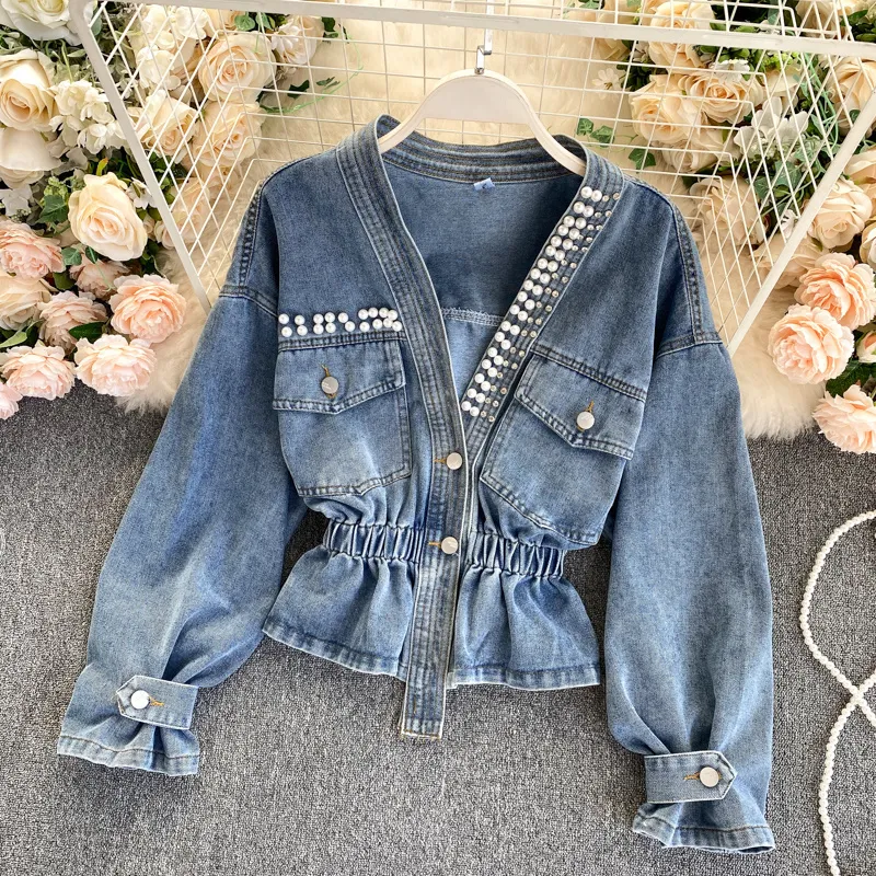 Women's Jackets Spring Autumn Women Denim Jacket Fashion Sense V Neck Puff Veste En Jean Elegant Beading Design Slim Fit Jean Jacket Coat 230428