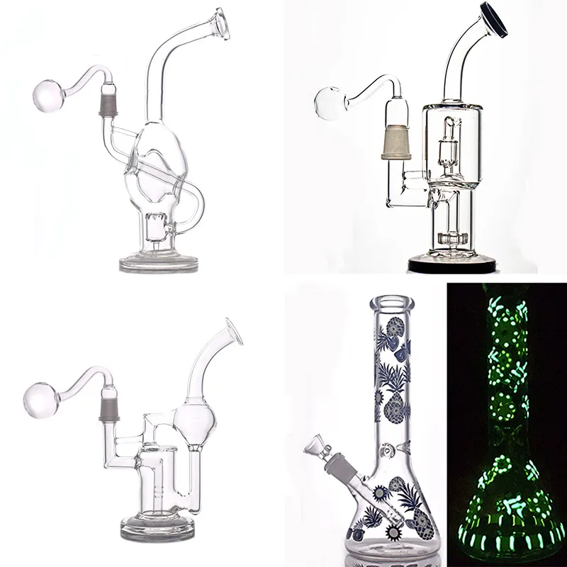 1 pçs narguilé vidro bong tubo de água brilho no escuro favo de mel copo bongs coletor de gelo reciclador dab rig com 14mm tubo queimador de óleo de vidro