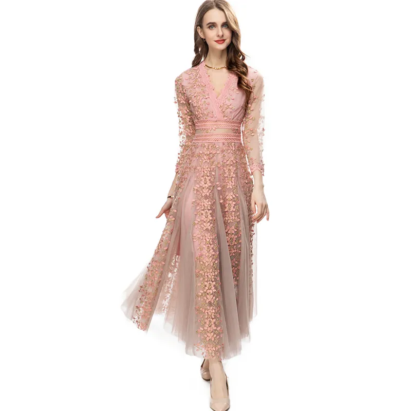 Sukienki damskie seksowne v szyję długie rękawy haft haftowy mesh patchwork elegancki projektant imprezowy suknia balowa
