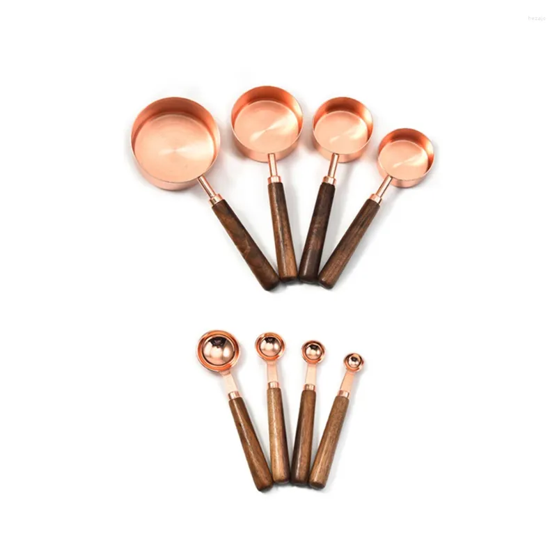 Meetinstrumenten 8PCS Rvs Cups Lepels Walnoot Handvat Theelepel Lepel Cake Bakmeel Cup Keuken Koken Tool