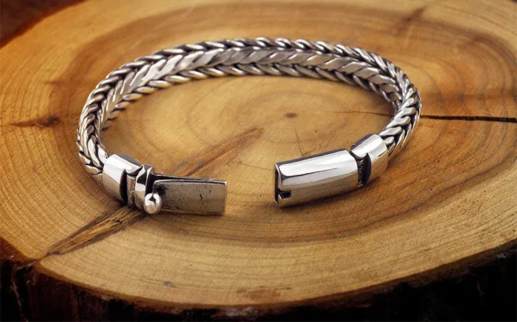 Hand Woven S925 Silver Mens Chain Bracelet - Vintage Keel Bangle