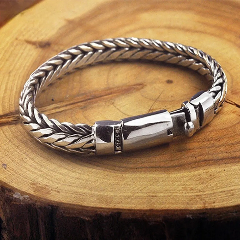 Chaîne véritable solide S925 pur argent tissé à la main Vintage puissant hommes Bracelet cadeau d'anniversaire personnalité quille Bracelet 231128