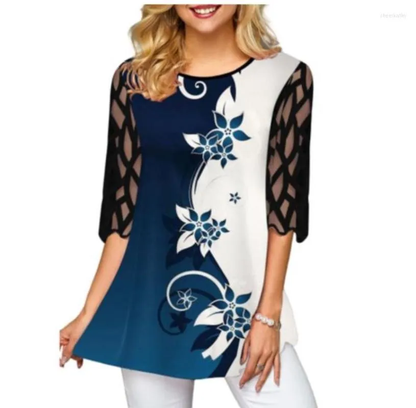 Bluzki damskie Plus w rozmiarze 4xl 5xl koszula Bluzka żeńska wiosenna letnia wierzch pół koronki z koronką nadruk boho kobiety