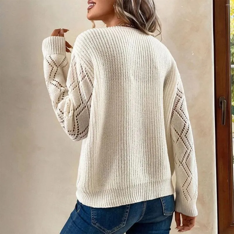 Womens Lace Ribbed Knit Sweater V Neck Pullover Sweater Elegant